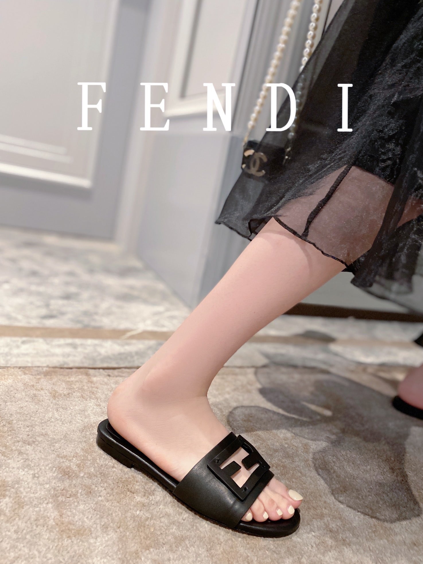 FENDI BAGUETTE SLIDES IN BLACK LAMBSKIN – MEWJEWS