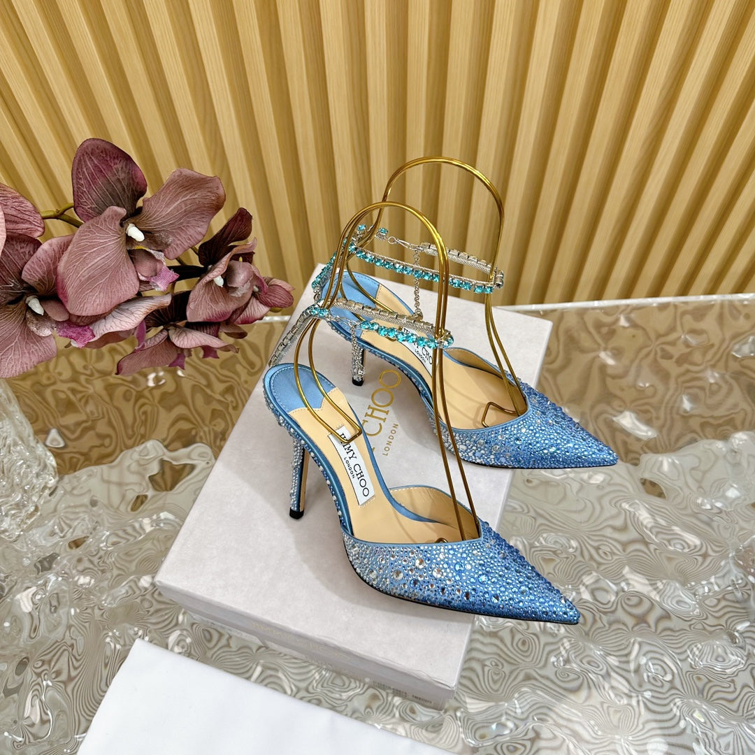 春新作の Jimmy Saeda 100mm In Blue Satin Pumps With Crystal ワンピース